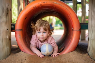 child in playground tunnel peering out holding ball