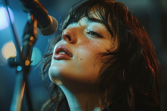 Close-up of a young woman singing into a microphone on stage with a band