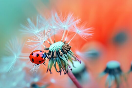 Ladybug on dandelion flower,  Macro photo of insect