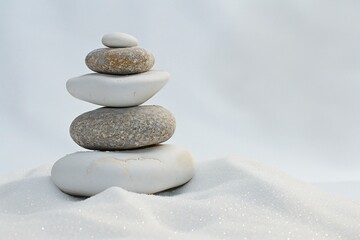 Fototapeta na wymiar Pyramid of pebbles on a white background, Zen concept
