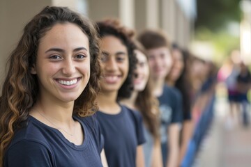 Fototapeta premium smiling woman with students lined up behind her