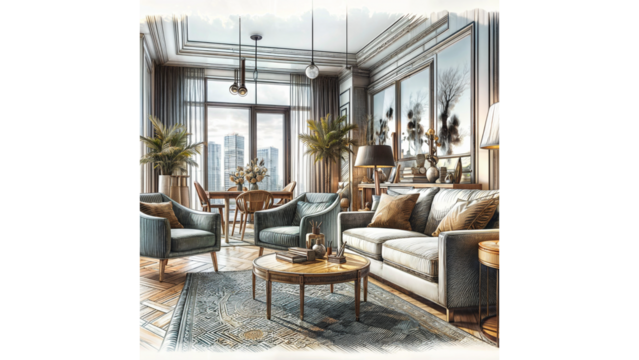 a living room with a couch a chair and a table, a stock photo  I, trending on shutterstock, modern european ink painting, stockphoto, stock photo, photoillustration