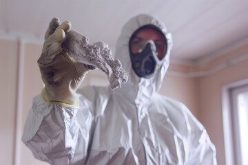 worker in protective suit holding asbestos sample