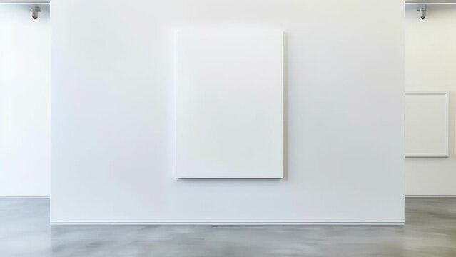 A blank canvas hanging on a crisp white wall inviting viewers to envision their own interpretation of the piece. . AI generation.