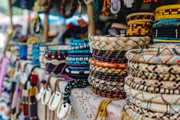 variety of woven bracelets on a market stall arm stand - obrazy, fototapety, plakaty