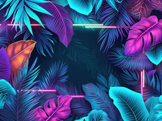 Image portraying a summer background, framed by a glowing neon border and highlighted with fluorescent tropical leaves, The vibrant neon colors bring a dynamic to the natural tropical elements. AI
