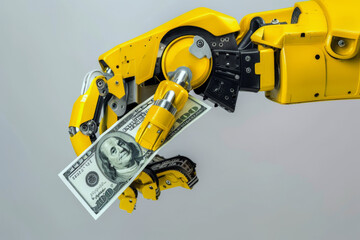 Industrial robotic arm with dollars on a gray background. Concept of artificial intelligence in industry.