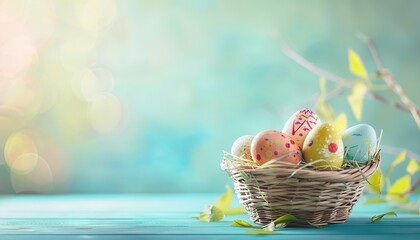 Easter concept banner with wicker basket and easter eggs - obrazy, fototapety, plakaty
