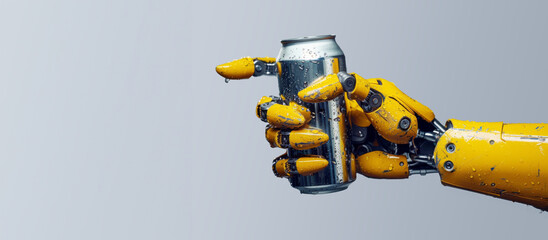 Yellow hand of an industrial robot holding a can of beer on a gray background. Concept of introducing artificial intelligence into industry.