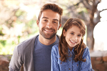 Obraz premium Outdoor, father and daughter with smile, portrait and nature for fresh air with background of tree. Summer, dad and girl with happiness in park or garden for bonding, love and parent with child