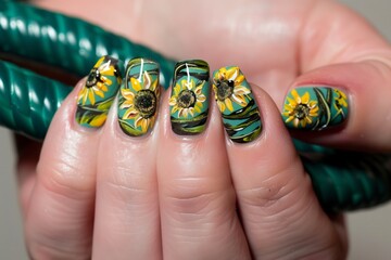 fingers with sunflower nail art wrapped around a garden hose - obrazy, fototapety, plakaty
