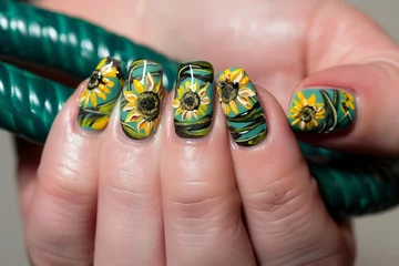 Fotobehang fingers with sunflower nail art wrapped around a garden hose © studioworkstock