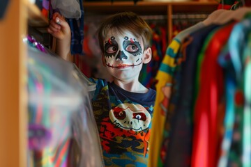 kid with face paint picking out a costume for dressup