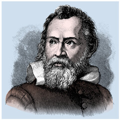 vector colored old engraving of famous astronomer, physicist and engineer Galileo Galilei, engraving is from Meyers Lexicon published 1914 in Leipzig, Deutschland