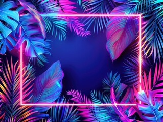 Image portraying a summer background, framed by a glowing neon border and highlighted with fluorescent tropical leaves, The vibrant neon colors bring a dynamic to the natural tropical elements. AI