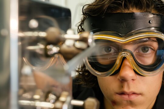 closeup of a persons face with safety goggles near roaster
