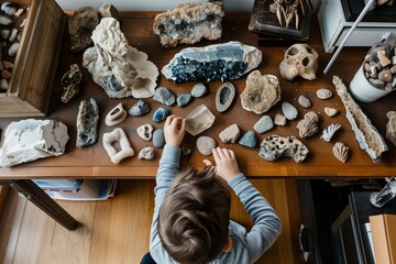 kid organizing a collection of rocks and fossils on a spacious desk - obrazy, fototapety, plakaty