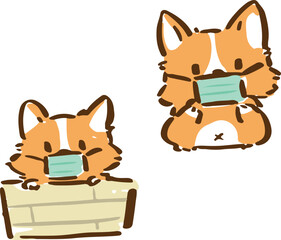 Cute little Corgi, Shiba inu dogs with face mask due to Covid-19 in various poses. Hand drawn colored vector set. 