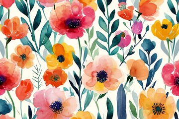 Seamless pattern with watercolor flowers,  Hand-drawn illustration