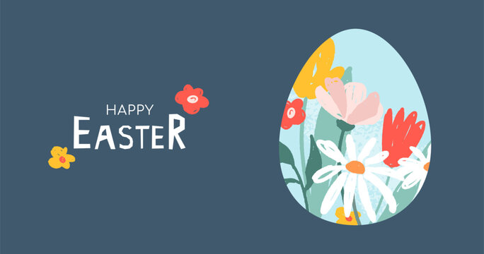 Happy Easter greeting card, banner design. Hand drawn spring poster with Easter eggs and flowers. Vector illustration