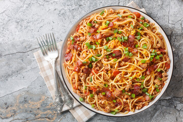 Delicious spaghetti with bacon, minced meat, cheddar cheese, onion and spicy tomato sauce close-up...