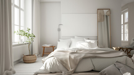 Fototapeta na wymiar Scandinavian interior design of modern bedroom. Generative AI