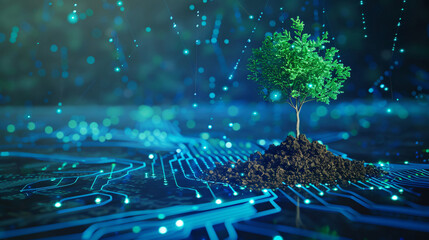 Technology trees growing on network lines, green energy network ecology concept illustration