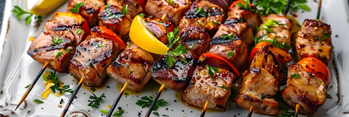 A white plate is filled with succulent skewered meat and assorted vegetables, showcasing a delicious and visually appealing meal option. - obrazy, fototapety, plakaty
