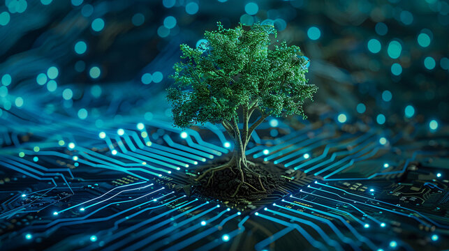 Technology trees growing on network lines, green energy network ecology concept illustration