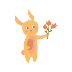 Cheerful Cartoon Bunny Holding a Bouquet of Flowers With and a Multicolored Egg in Hand