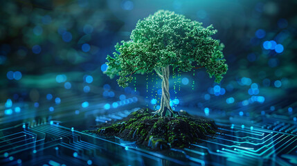 Technology trees growing on network lines, green energy network ecology concept illustration - obrazy, fototapety, plakaty