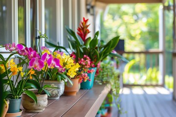 veranda potting session, colorful tropical flowers - obrazy, fototapety, plakaty