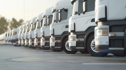 side view of a parking lot filled with a row of new, modern white trucks, a clean and organized scene, ideal for presentations, advertisements, transportation industry, logistics