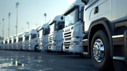side view of a parking lot filled with a row of new, modern white trucks, a clean and organized scene, ideal for presentations, advertisements, transportation industry, logistics