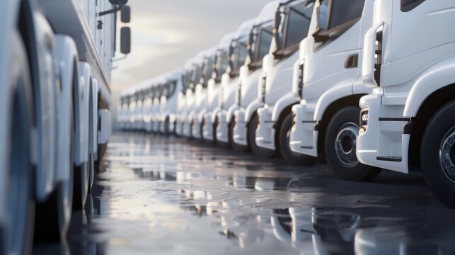 side view of a parking lot filled with a row of new, modern white trucks, a clean and organized scene, ideal for presentations, advertisements, transportation industry, logistics