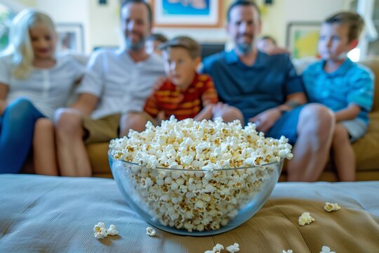 parents and kids on sofa, giant popcorn bowl in center