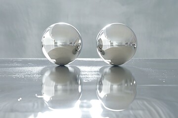 Two glass balls on a reflective surface, reflected in the water
