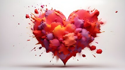 Red, vivid heart with explosions of color and powder on a white background. abstract symbol of love and romanticism at a wedding