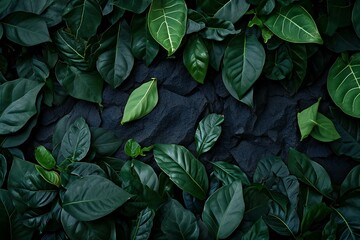 Green leaves on a dark stone background,  Flat lay, top view
