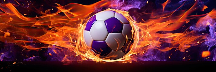 Behold the soccer ball engulfed in flames, propelled by lightning, igniting the pitch with its fierce energy. - obrazy, fototapety, plakaty