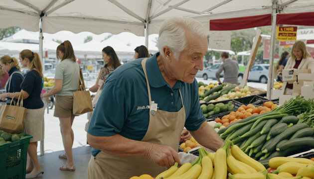 older man stocking organic produce at a local farmers market,   colorful background
