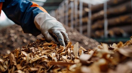 A close-up worker inspecting dried wood chips, ensuring quality control