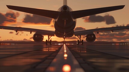 a large airplane gracefully taking off from an airport runway during either sunset or dawn plane prepares for takeoff, dramatic and dynamic scene - obrazy, fototapety, plakaty