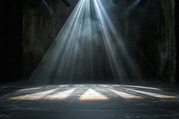 Stage lighting effect in a dark room with concrete floor and spotlight - obrazy, fototapety, plakaty