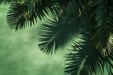 Fototapeta na wymiar Palm leaves shadow on green wall background, Tropical summer background