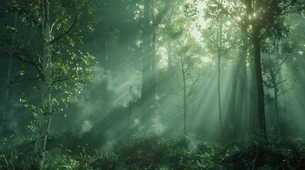 Ethereal sunbeams streaming through the tranquil atmosphere of a green forest suggesting peace and harmony - obrazy, fototapety, plakaty
