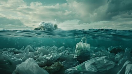 Overflowing plastic shopping bags trapped in a polluted ocean, contrasting with a clean, reusable bag.environmental impact