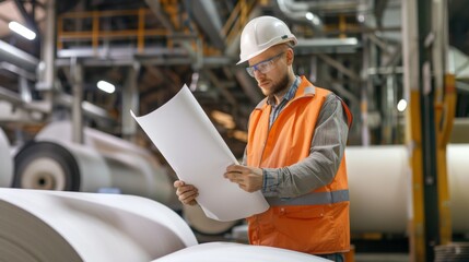 Engineer or technician work in paper factory with 