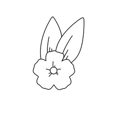 A flower with two leaves is drawn in black. The flower is small and delicate, with a bright and cheerful appearance. The leaves are thin and pointed, adding a sense of elegance to the drawing