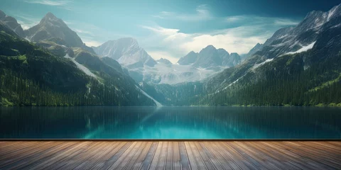 Fototapeten An empty wooden tabletop stands against the backdrop of a serene lake and majestic mountains, inviting viewers to bask in the beauty of nature's splendor. © Murda